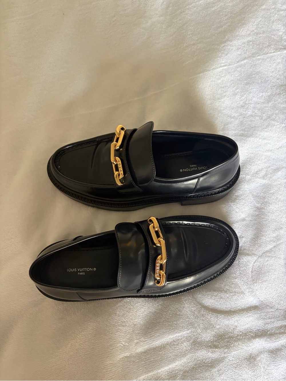 Louis Vuitton Black Leather Loafers with Gold Chain Accent - Picture 2 of 7